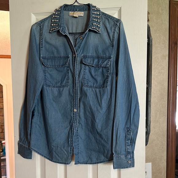 Michael Kors Blue Button Down Shirt with Studded Collar - Picture 1 of 6